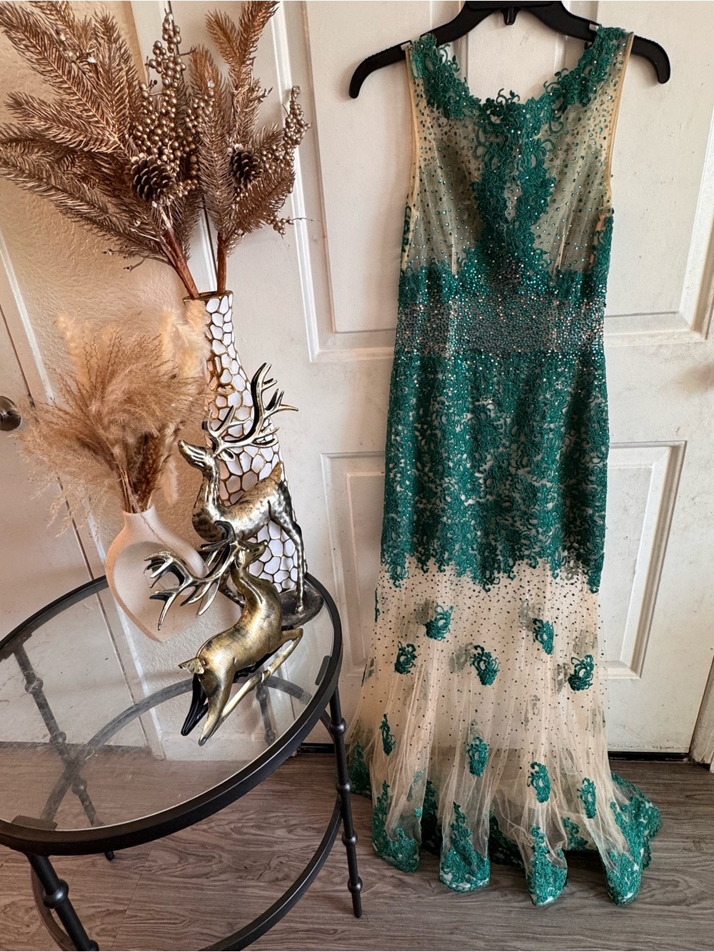 Dave & Johnny Teal and Cream Beaded Lace Evening Dress